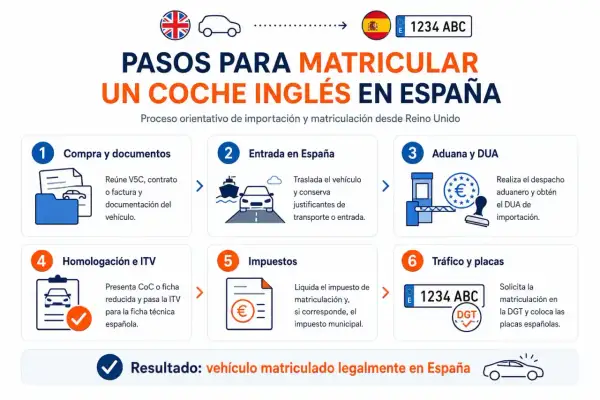 Pasos para matricular un coche inglés en España: compra, entrada, aduana, ITV, impuestos y tráfico. Proceso de importación y matriculación.