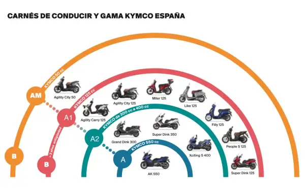 Diagrama de carnés de conducir y gama Kymco España: AM, A1, A2, A. Modelos de motos Kymco para cada carné.