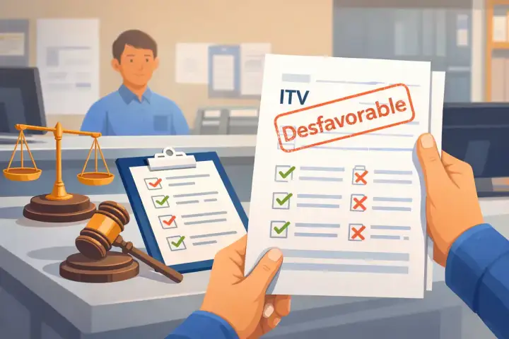 Un hombre recibe un informe de ITV desfavorable, con varias casillas marcadas con cruces rojas. A su lado, una balanza y un mazo de juez sugieren un proceso legal.