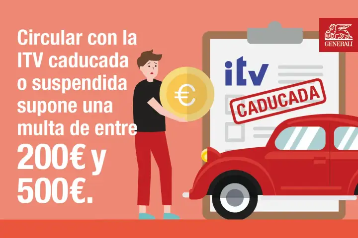 Hombre preocupado con moneda de euro, coche rojo y cartel de "ITV caducada". Circular sin ITV al día puede acarrear multa, como si fuera una licencia vtc sin validez.